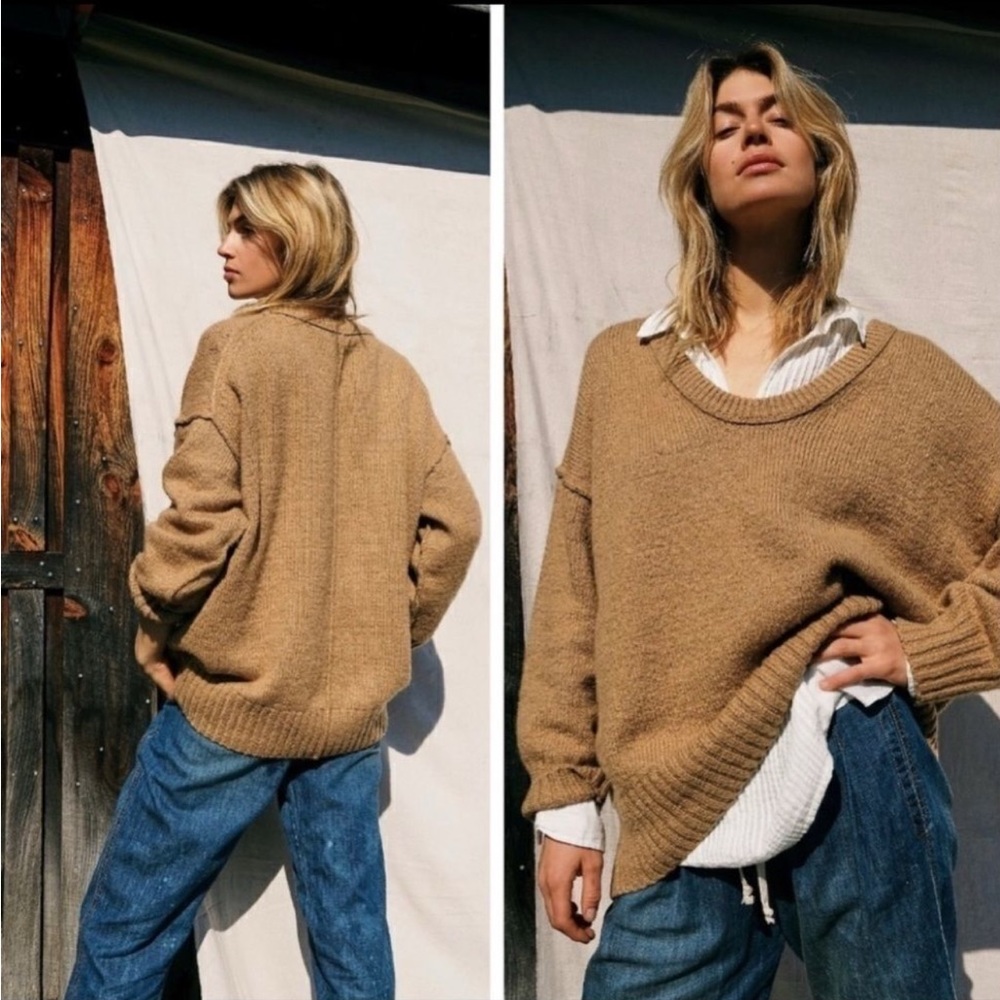 Free People Camel Color Scoop Neck Tunic Sweater - Size M
